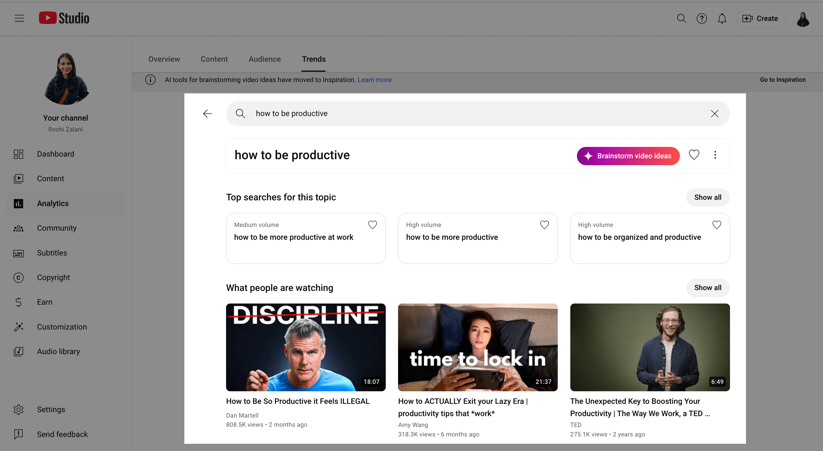 YouTube Studio interface showing trends for “how to be productive,” including top search topics and trending videos on productivity from Dan Martell, Amy Wang, and TED.