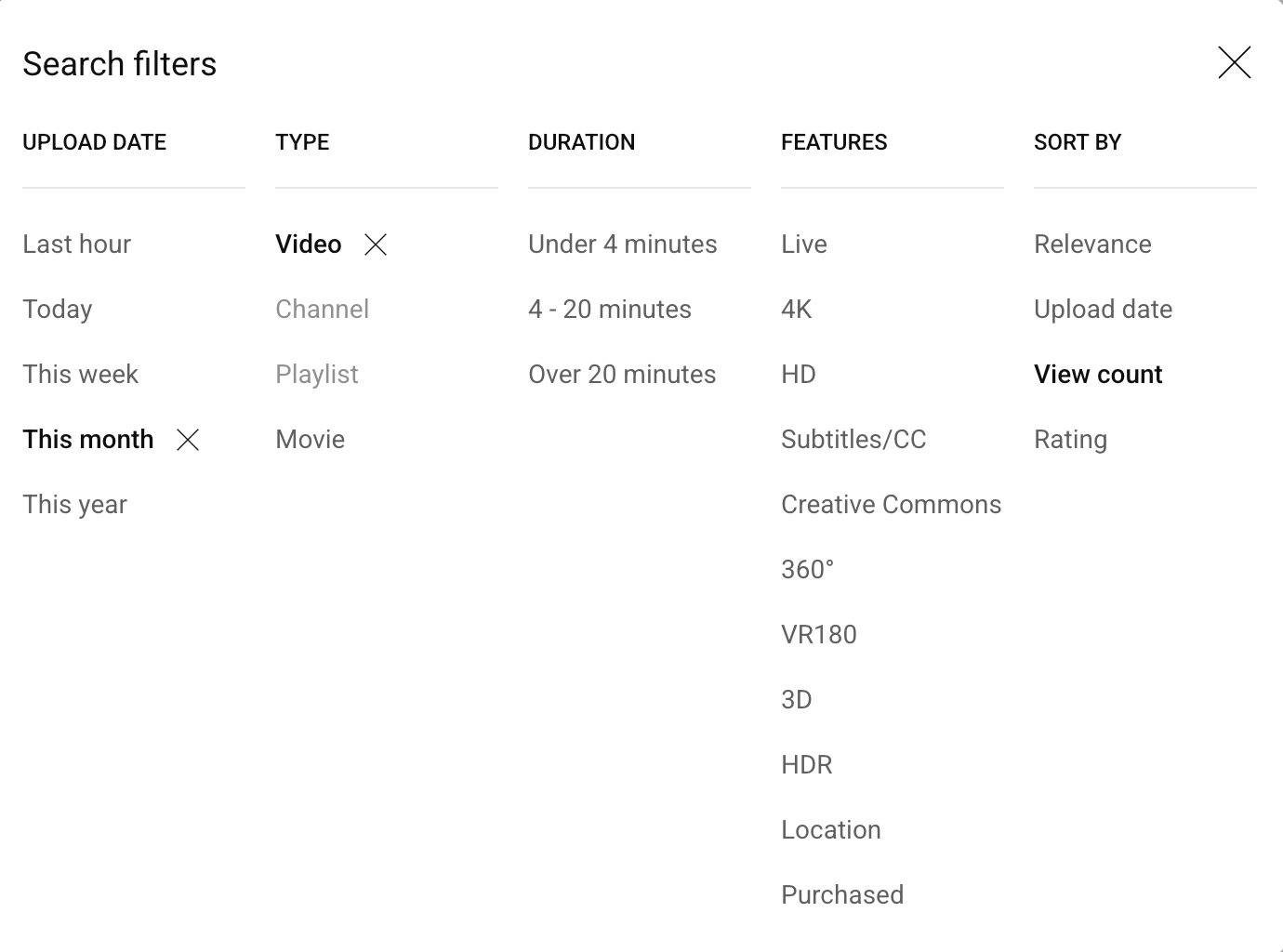 Here’s alt text under 190 characters for this image:  YouTube search filters menu YouTube search filters panel showing options to filter by upload date, type, duration, features, and sort order — with “Video,” “This month,” and “View count” selected.