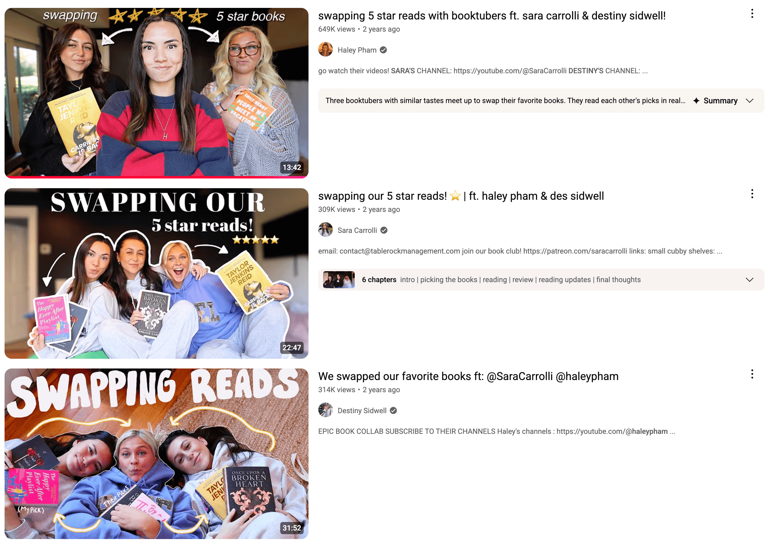 YouTube thumbnails of three Booktube creators swapping 5-star reads and discussing their favorite books in a collaborative video series.