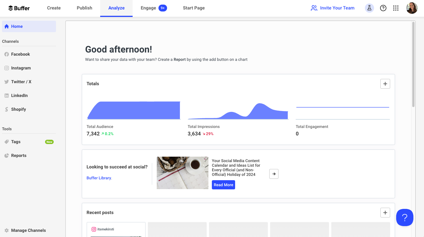 Buffer Analyze dashboard showing total audience of 7,342 (+0.2%), impressions of 3,634 (–29%), and zero engagement. Includes post preview and link to Buffer Library