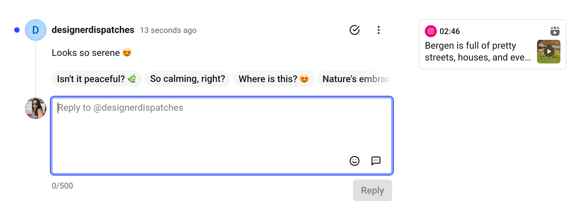 Instagram comment thread in Buffer. User comment says ‘Looks so serene 😍’ with AI reply suggestions like ‘Isn’t it peaceful?’ and a reply box ready for response