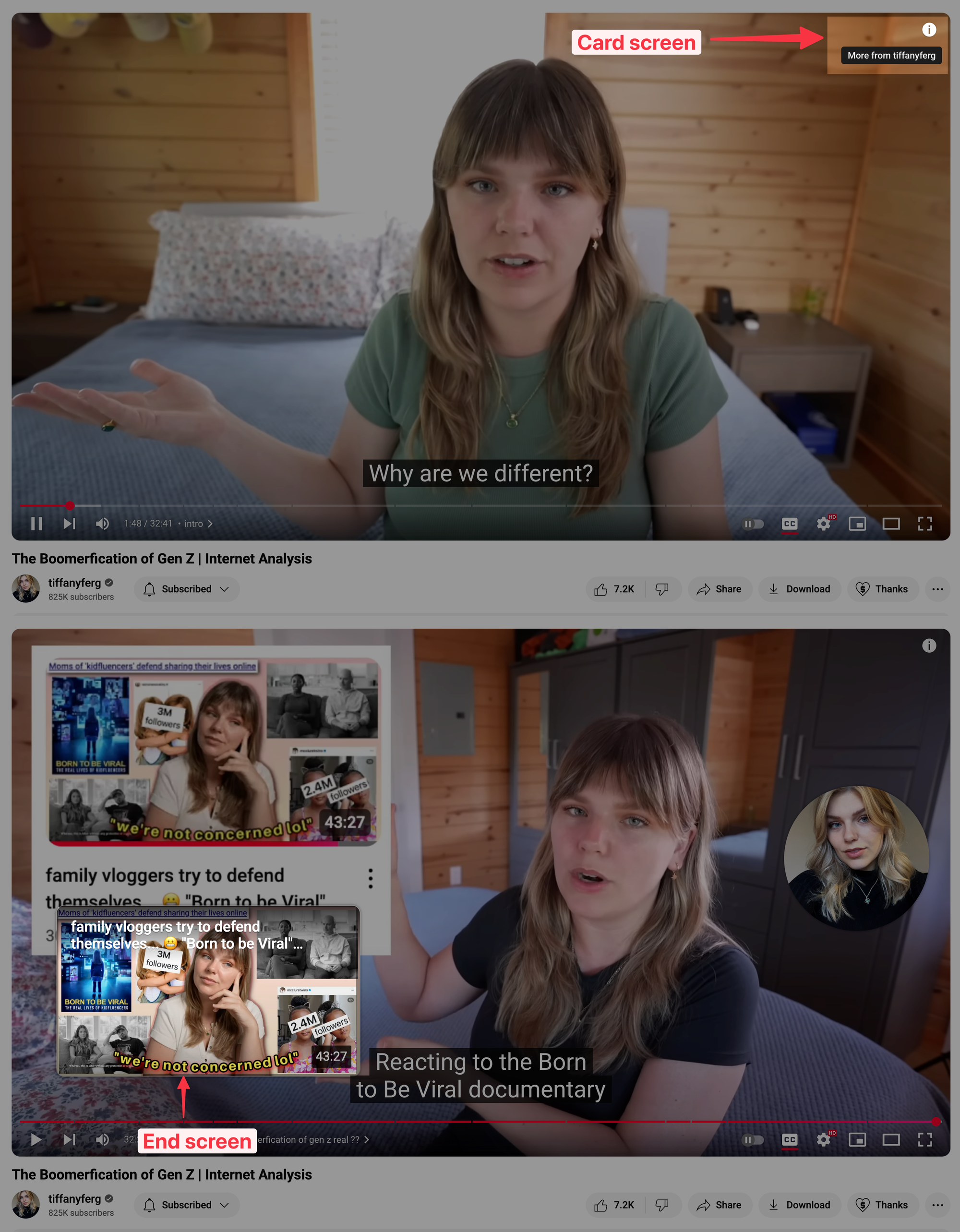 Alt text (under 190 characters):  A YouTube video shows examples of a card screen in the top-right corner and an end screen with video suggestions and a channel icon at the end of the video.