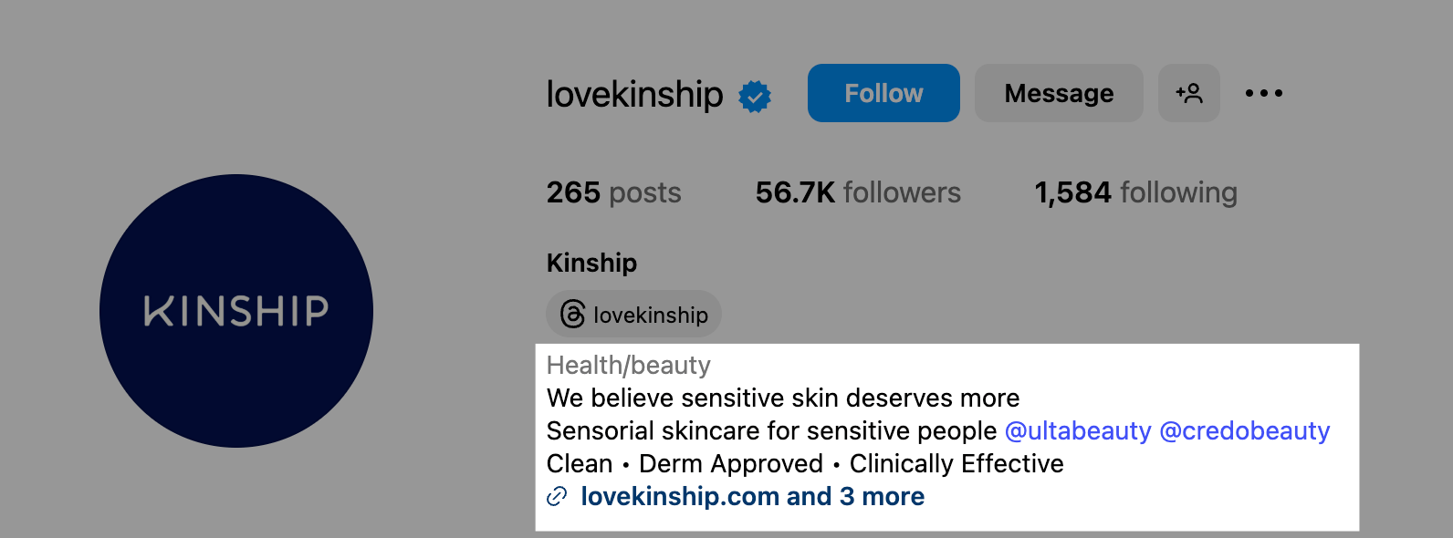 Screenshot of an optimized Instagram bio example showing a branded profile, follower count, and clear value proposition designed to help the brand get more followers on Instagram.