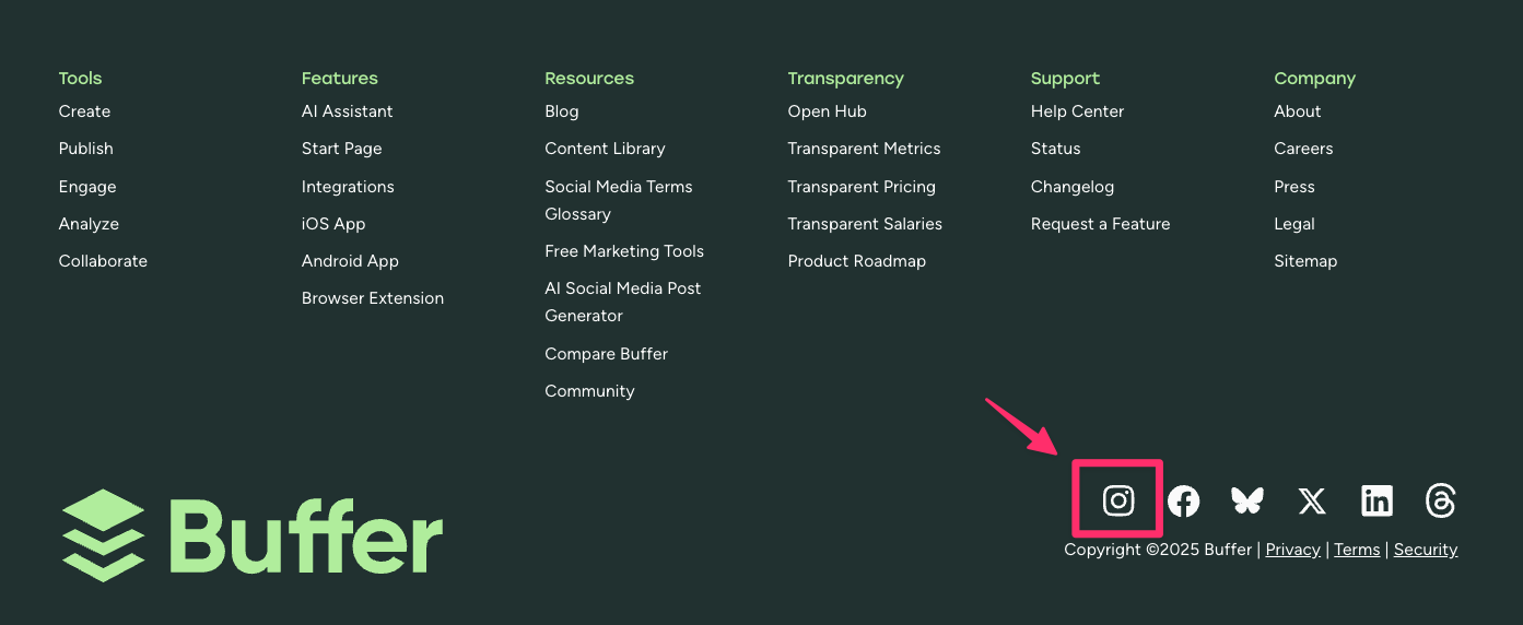 Buffer website footer showing social media icons with Instagram highlighted, illustrating how linking from other platforms can redirect users and help get more Instagram followers.