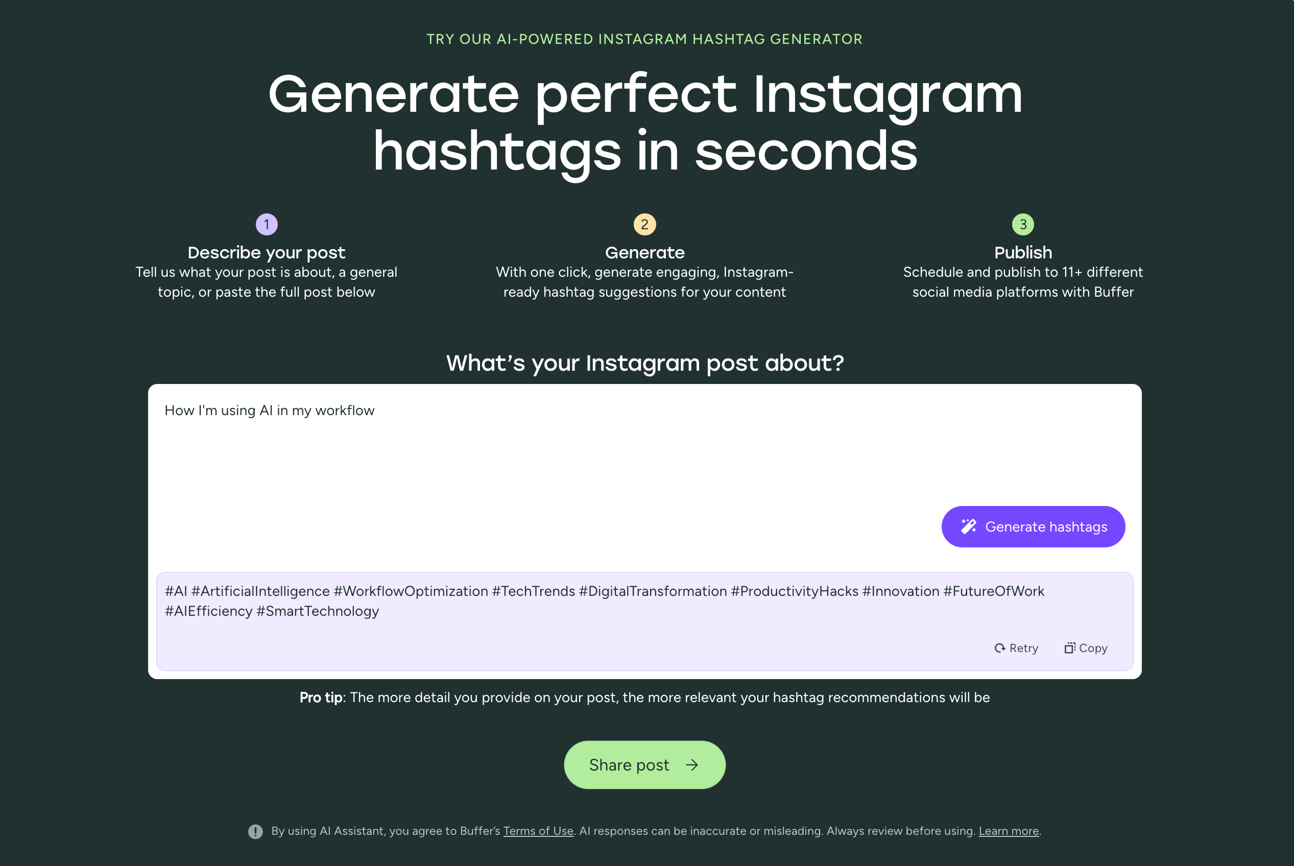 Buffer's AI-powered Instagram hashtag generator interface showing suggested hashtags for a post, helping creators use relevant hashtags to boost reach and get more Instagram followers.