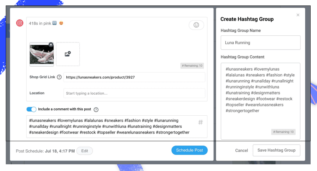 Buffer hashtag manager showing grouped Instagram hashtags added to a scheduled post, illustrating how organized hashtag strategy can save time and help get more Instagram followers.