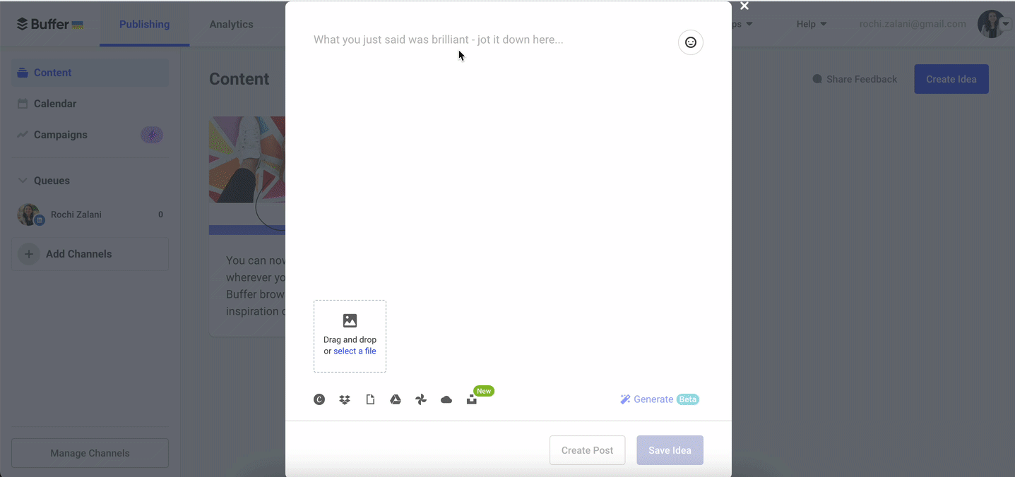 Buffer publishing interface with AI assistant generating social media captions, showing how faster content creation helps creators save time and get more Instagram followers.