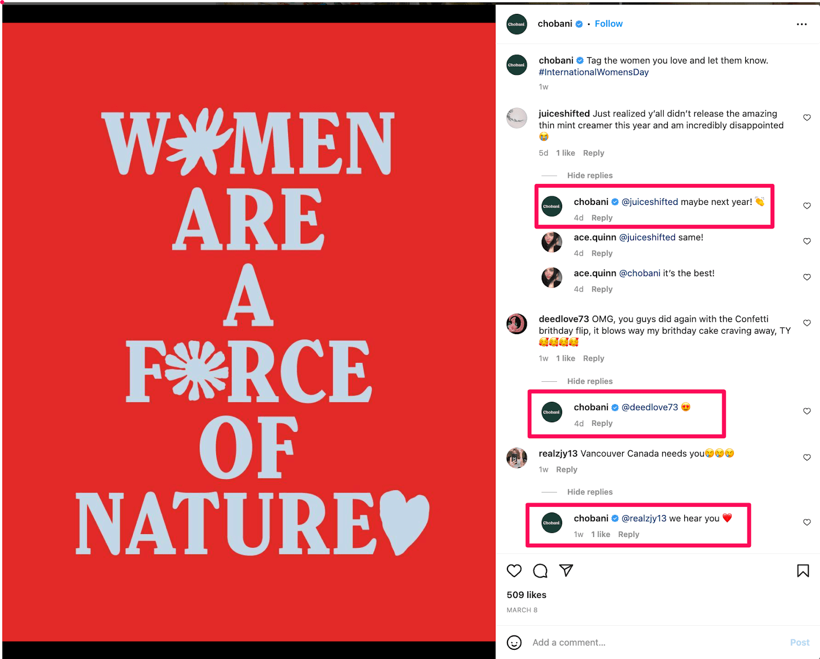 Chobani Instagram post with highlighted brand replies to multiple comments, showing active engagement and how responding consistently can build community and get more Instagram followers.