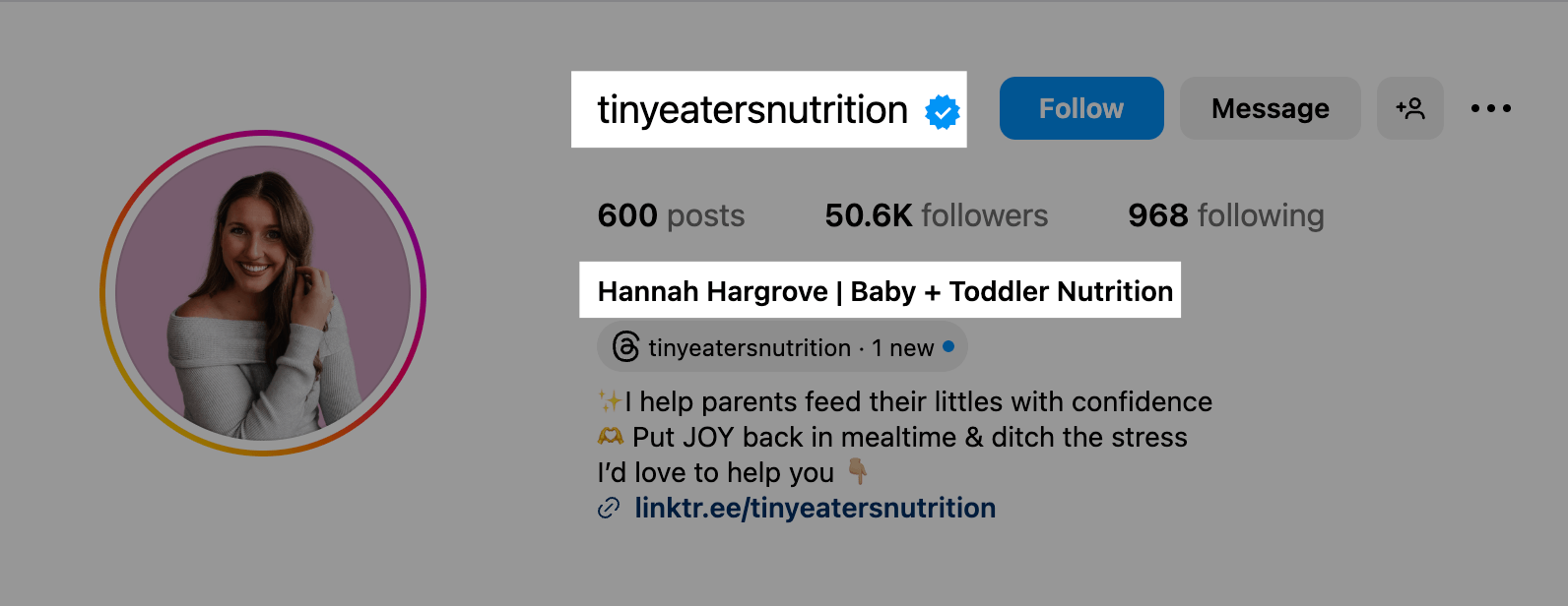 Instagram profile example showing keyword-rich name and username for a baby and toddler nutrition creator, demonstrating how optimized profiles help get more followers on Instagram through search.