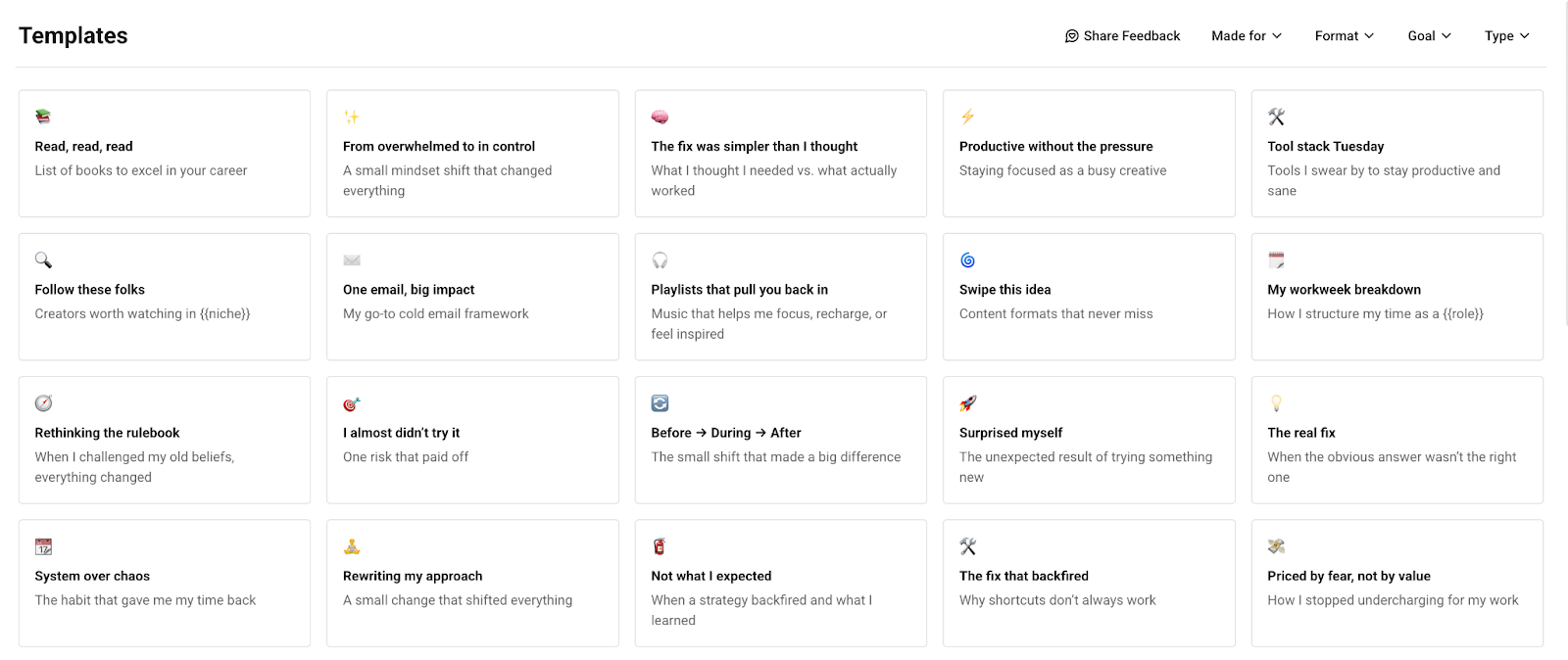 Buffer template library interface showing caption and post ideas filtered by goal and format, helping creators find inspiration faster and get more followers on Instagram.