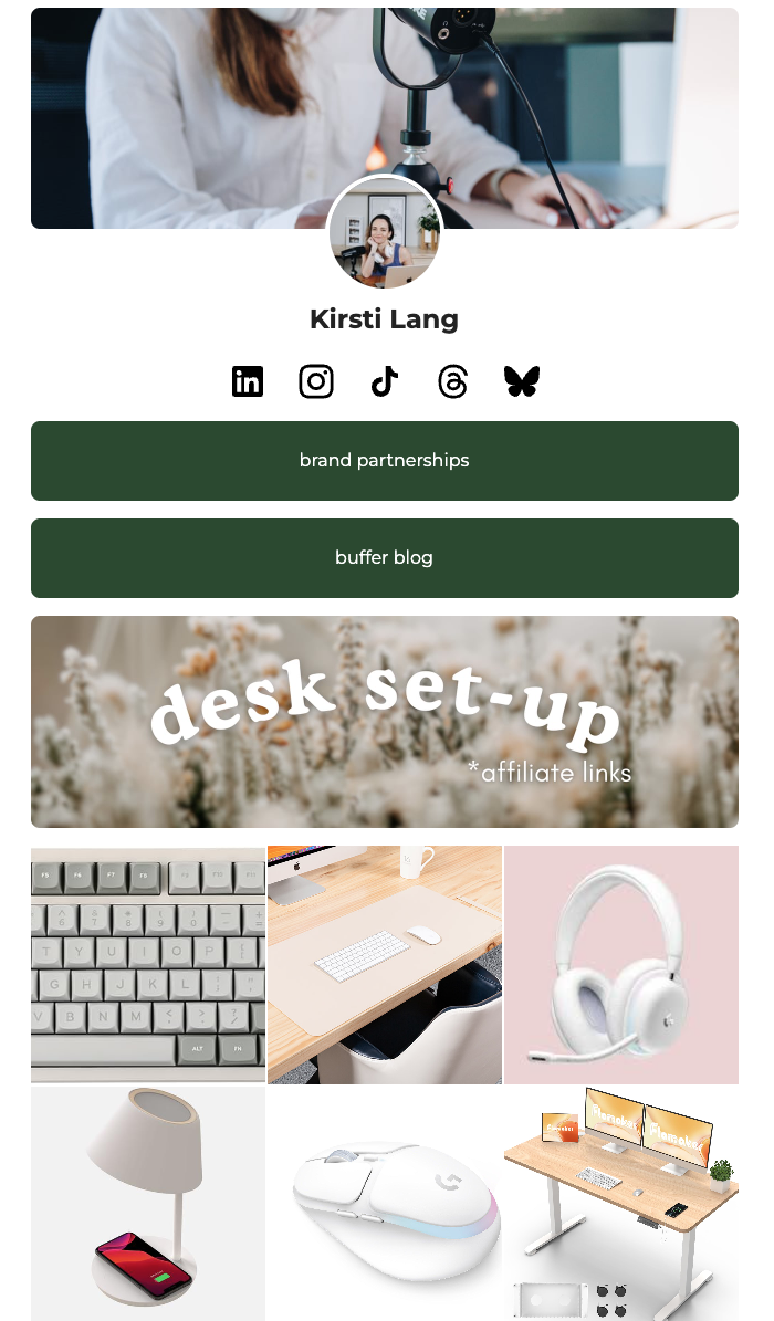 A creator’s profile page showing social links, brand partnership buttons, and a grid of favorite desk setup items with affiliate links.