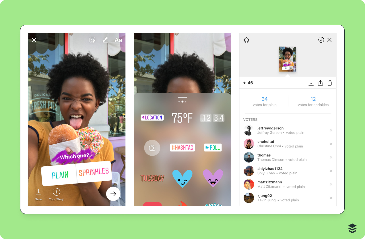 Instagram Story poll example showing a woman holding donuts with a “Which one?” poll sticker (Plain vs. Sprinkles). Side panel displays poll results and individual voter breakdown.