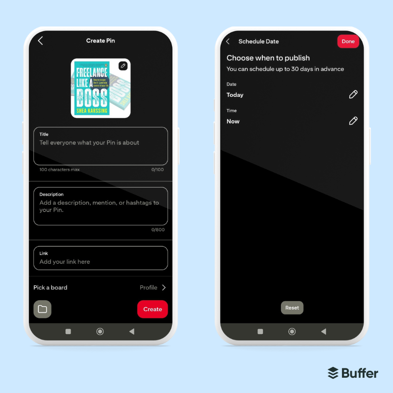 post composer for Pinterest showing title, image preview, destination link, and options to schedule or share a pin across social platforms.