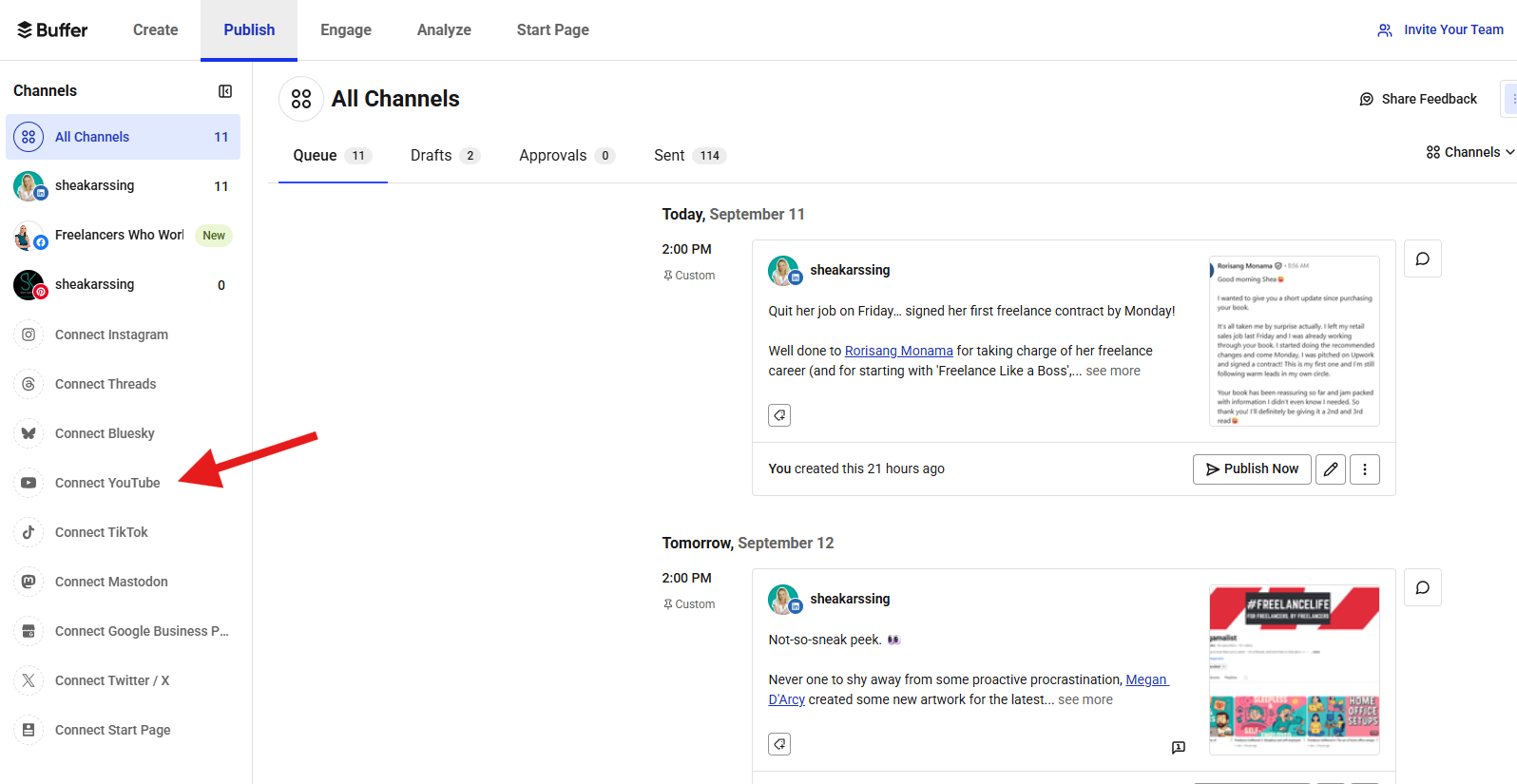 Buffer’s publishing dashboard with a red arrow pointing to the “Connect YouTube” button in the left panel, indicating the option to add YouTube as a publishing channel.
