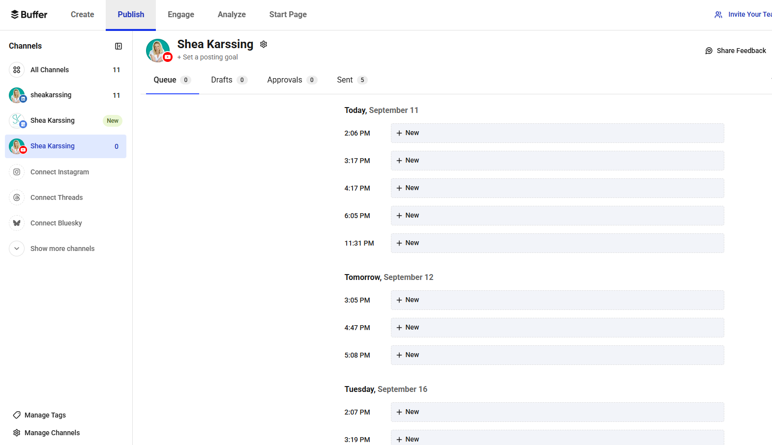 Buffer scheduling queue showing time slots for Shea Karssing’s YouTube channel with multiple posting options listed for Sept 11 and Sept 12.