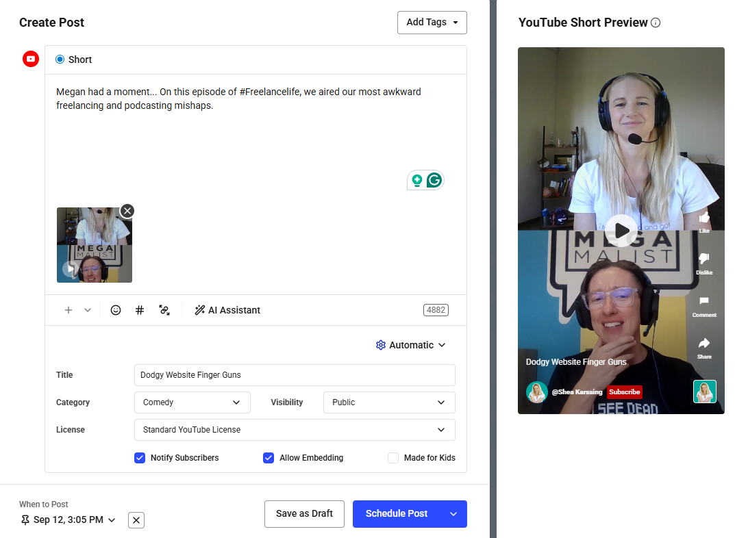 YouTube Studio interface for scheduling a Short titled “Dodgy Website Finger Guns” with full post text, preview, public visibility, and time set to Sept 12 at 3:05 PM.