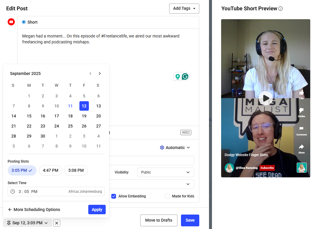 YouTube Studio interface for scheduling a Short titled “Dodgy Website Finger Guns” with full post text, preview, public visibility, and time set to Sept 12 at 3:05 PM.