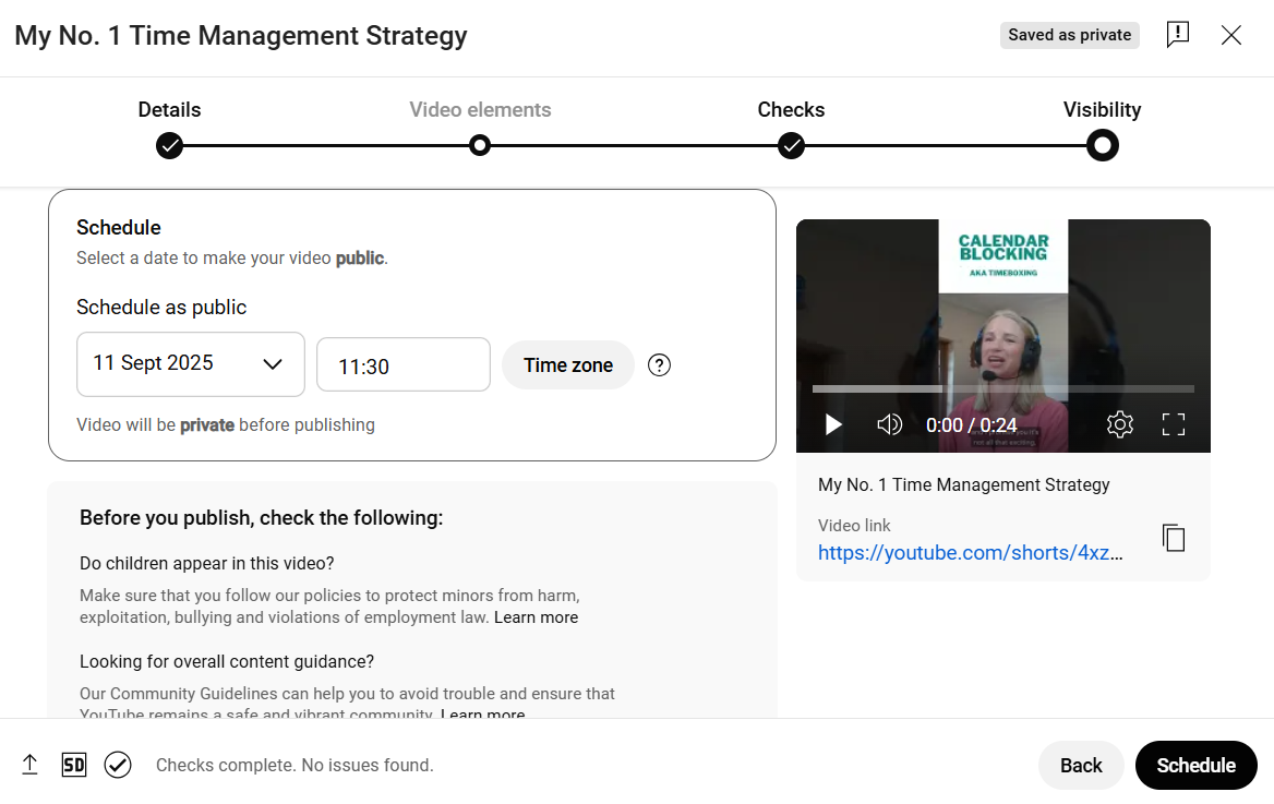 YouTube Studio interface showing calendar and time selection for scheduling a YouTube Short on Sept 12 at 3:05 PM, with video preview on the right and description above.