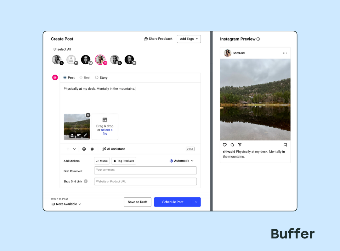 Instagram post composer in Buffer showing a photo, caption editor, and Instagram preview. The caption reads: “Physically at my desk. Mentally in the mountains