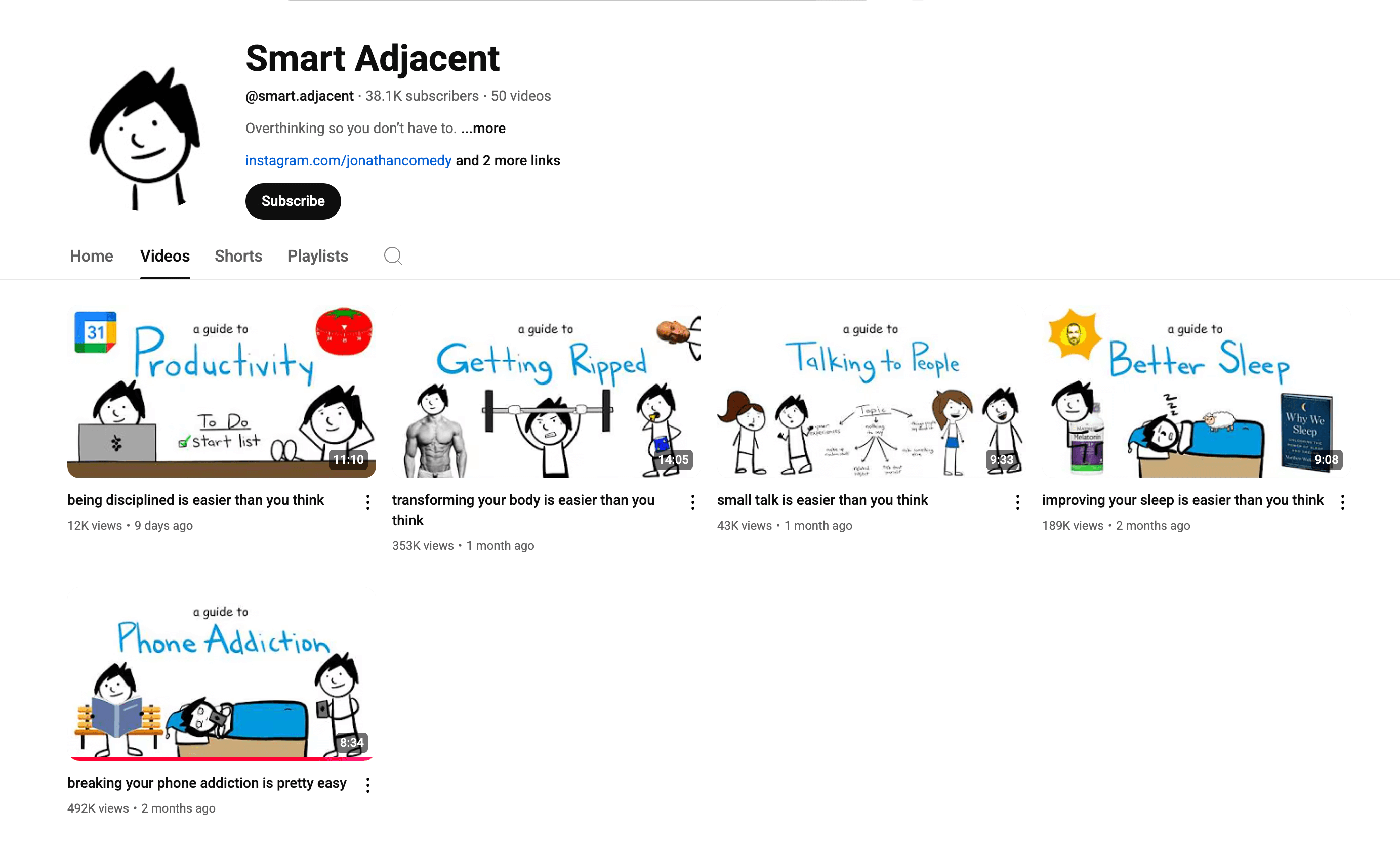 Here’s alt text under 190 characters for this image:  YouTube channel “Smart Adjacent” with stick figure thumbnails and videos titled guides to productivity, getting ripped, small talk, better sleep, and breaking phone addiction.