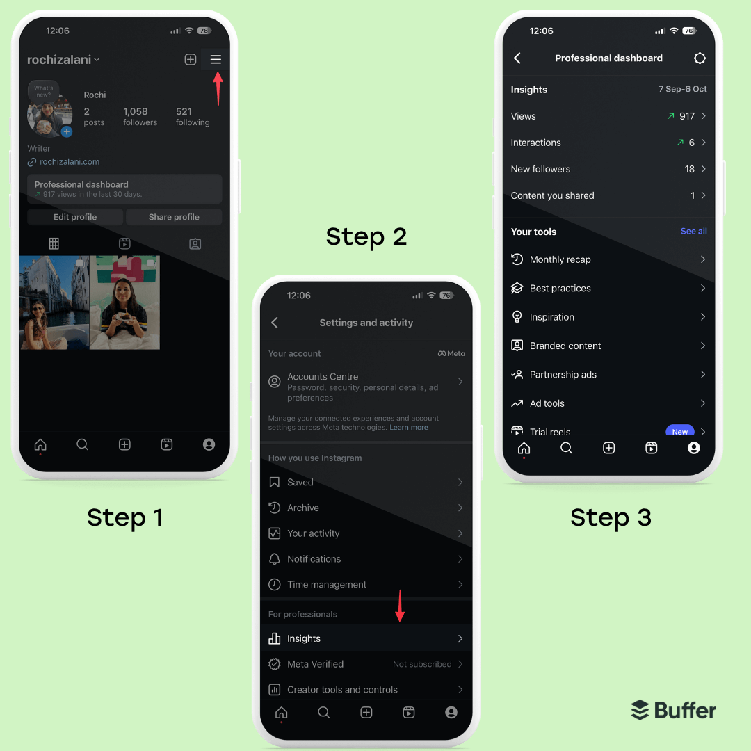 Three-step visual guide to access Instagram Insights: tap the menu (Step 1), go to Settings > Insights (Step 2), and view analytics in the Professional dashboard (Step 3).