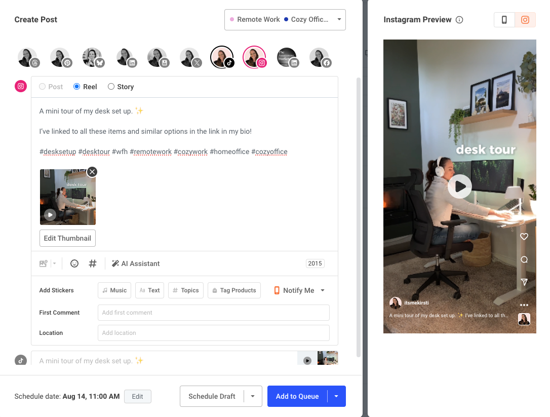 Buffer dashboard showing Instagram post scheduling interface with preview of a desk tour Reel and hashtags in caption field.