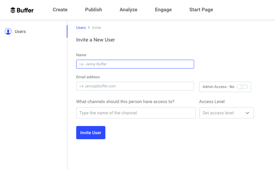 Buffer team settings showing interface to invite a new user by name, email, and channel access level with admin toggle.