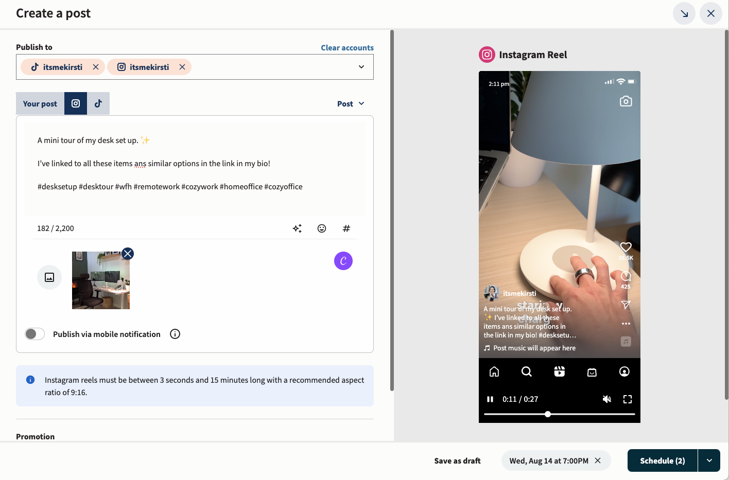Hootsuite interface for Instagram and TikTok posts with caption, preview, and music sticker options for a cozy desk setup Reel.