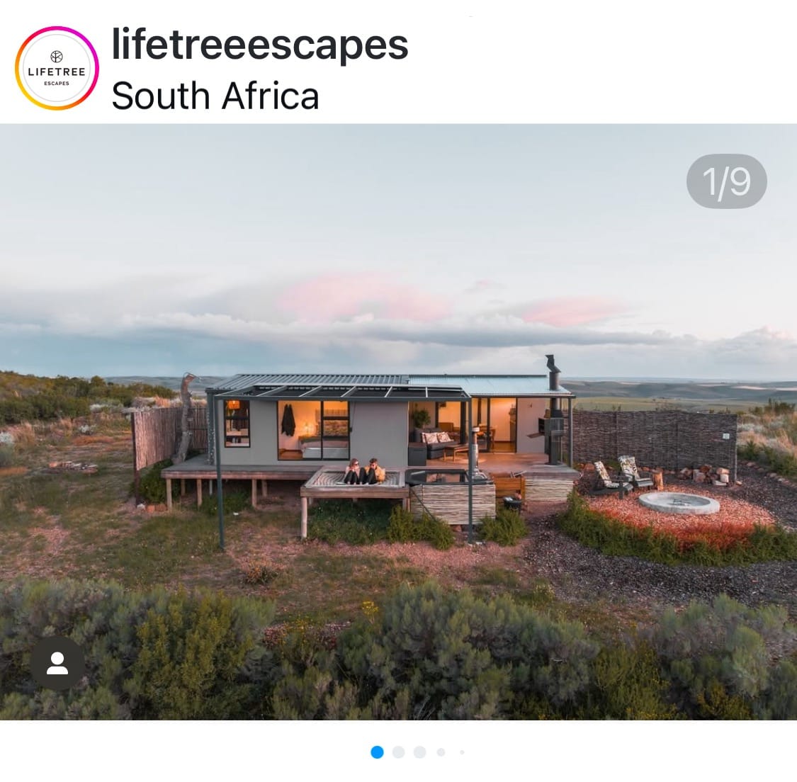 Landscape Instagram post showing a modern eco cabin in a remote South African landscape at sunset, illustrating a scenic travel photo formatted for Instagram post size.