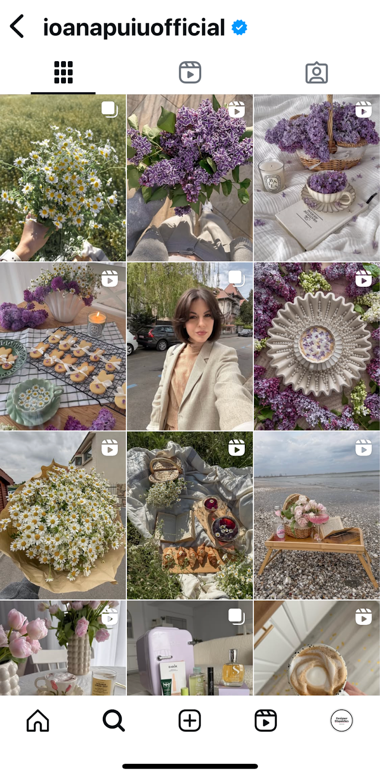 Instagram profile grid displaying Reel thumbnails alongside posts, demonstrating how vertical reel covers appear cropped within the square Instagram post size grid.