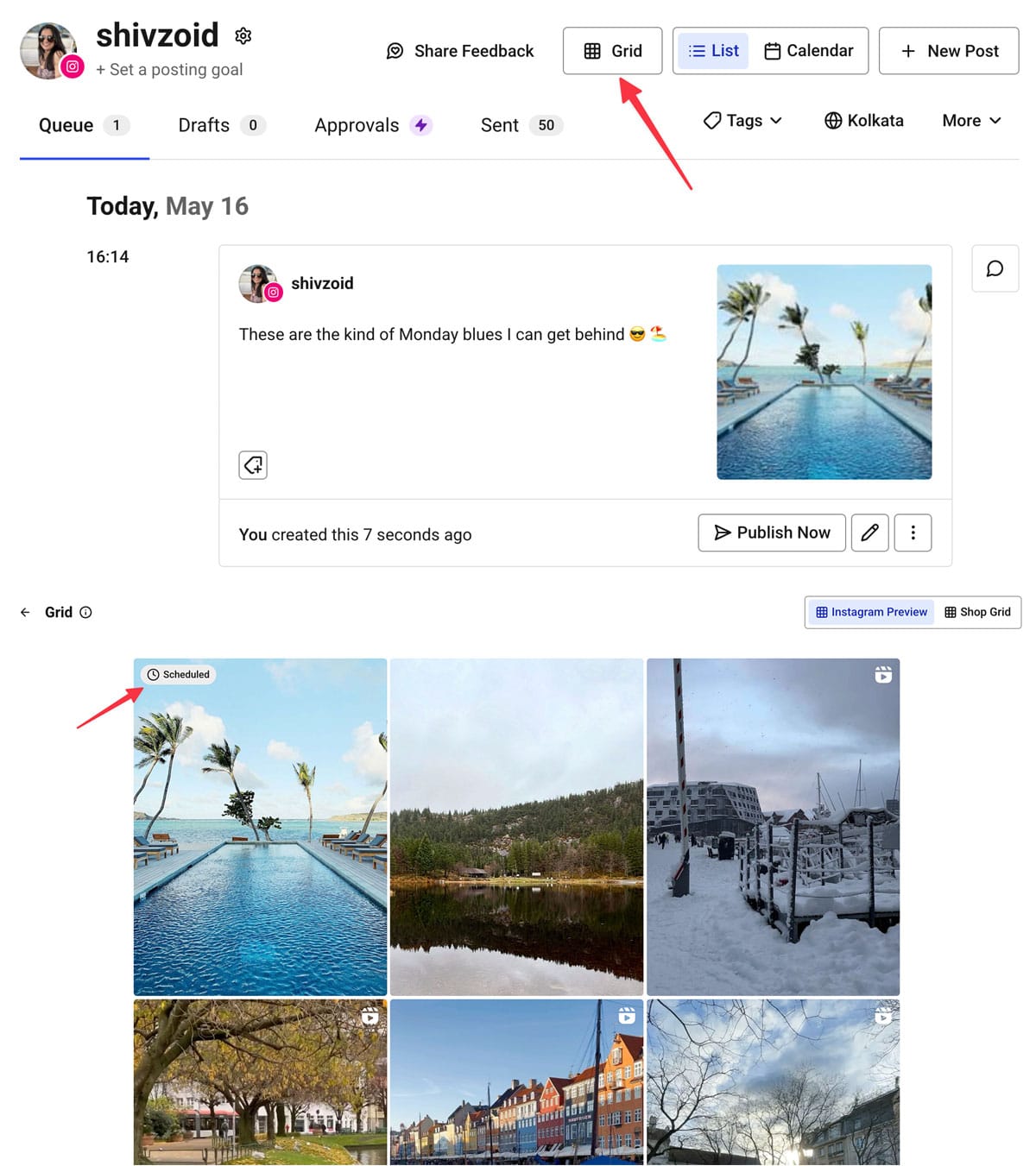 Buffer dashboard showing scheduled Instagram content with grid preview and post composer interface, illustrating how creators manage and plan images for Instagram post size.