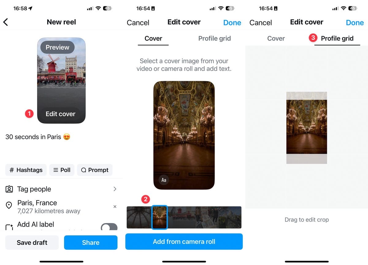 Instagram Reels editing screen showing cover selection and profile grid crop, illustrating how creators optimize thumbnails for Instagram post size and reel previews.