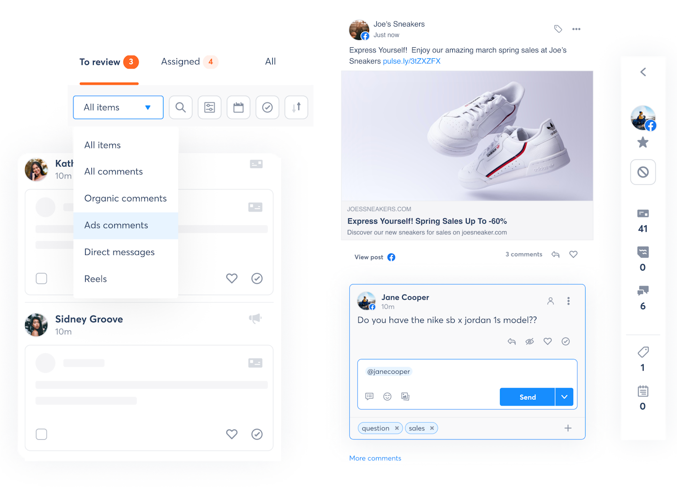 An engagement inbox showing filters, comments, and replies across multiple social accounts, demonstrating how social media engagement tools organize conversations for quick moderation.