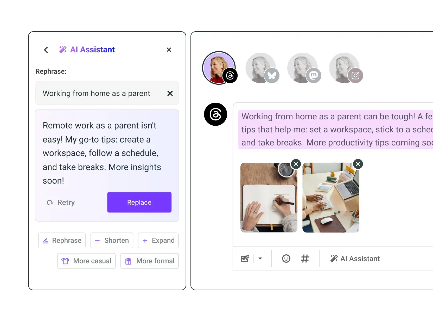 Buffer AI Assistant rephrasing a social media caption about working from home as a parent, with options to adjust tone and post directly to platforms like Threads and Instagram.
