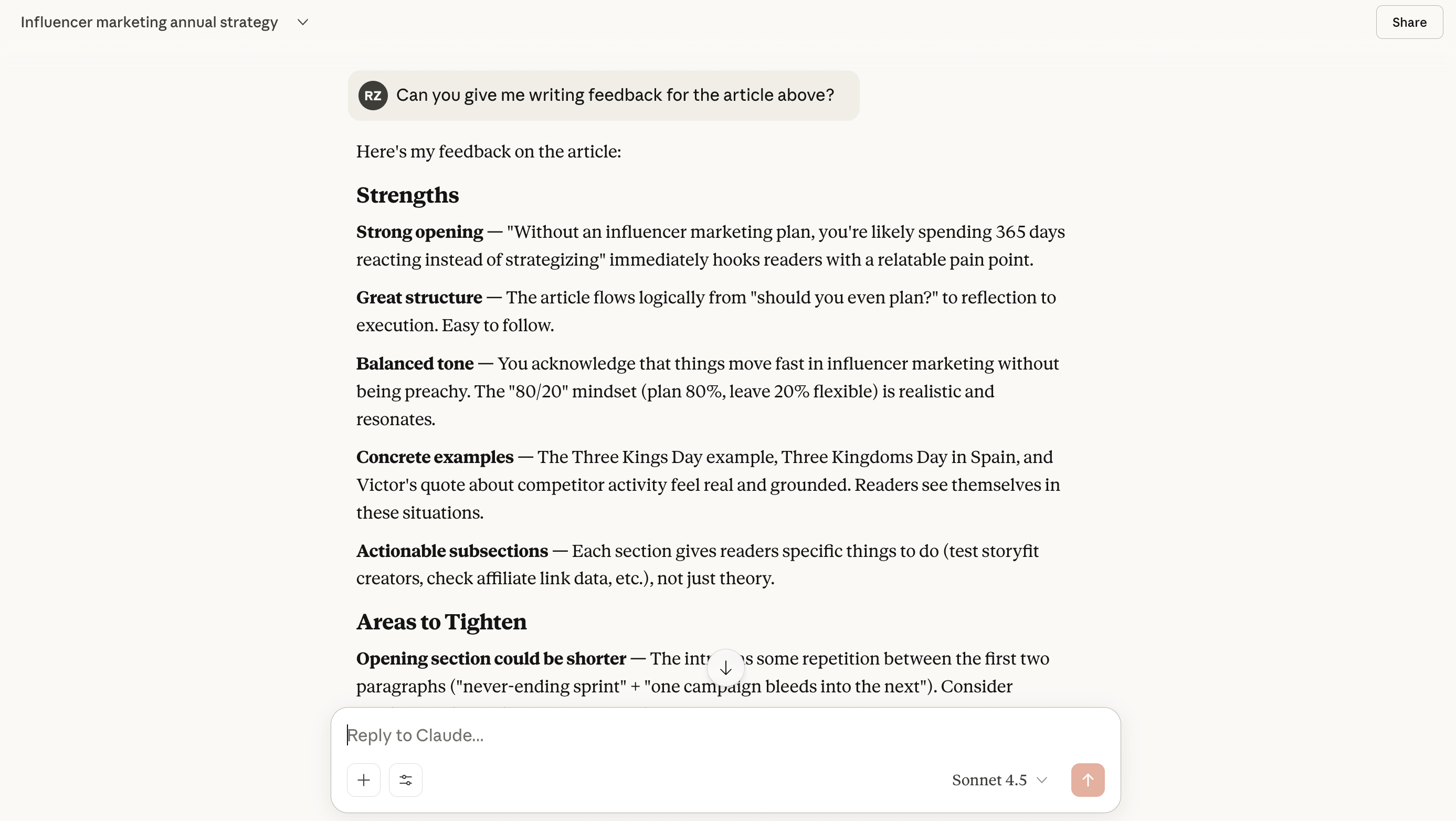 Screenshot of AI writing feedback on an influencer marketing strategy article, highlighting strengths like structure and tone, and suggesting a shorter intro for tighter writing.