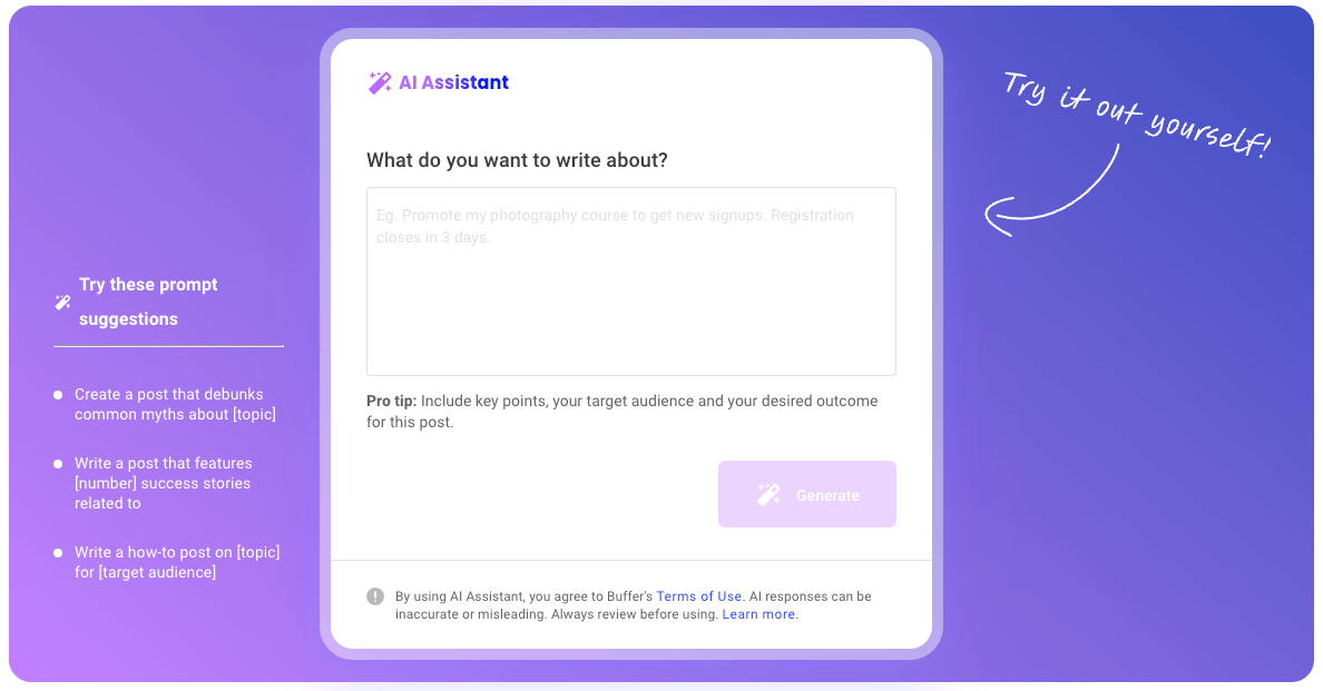 Buffer AI Assistant prompt screen with tips to write social media posts. Users are encouraged to add goals, audience, and key points to generate content using suggested prompt ideas.