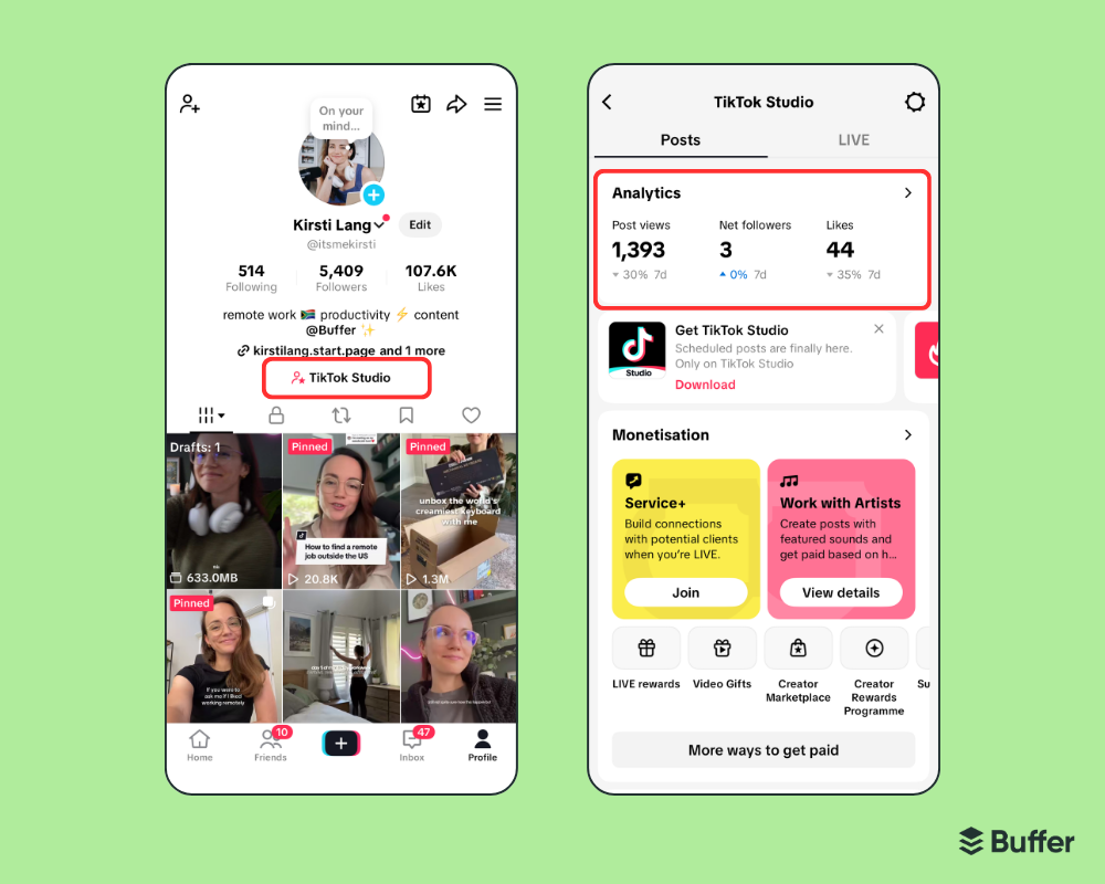 Two screenshots of a TikTok profile and TikTok Studio analytics dashboard showing post views, net followers, and likes. The keyword TikTok Studio is highlighted in both images.