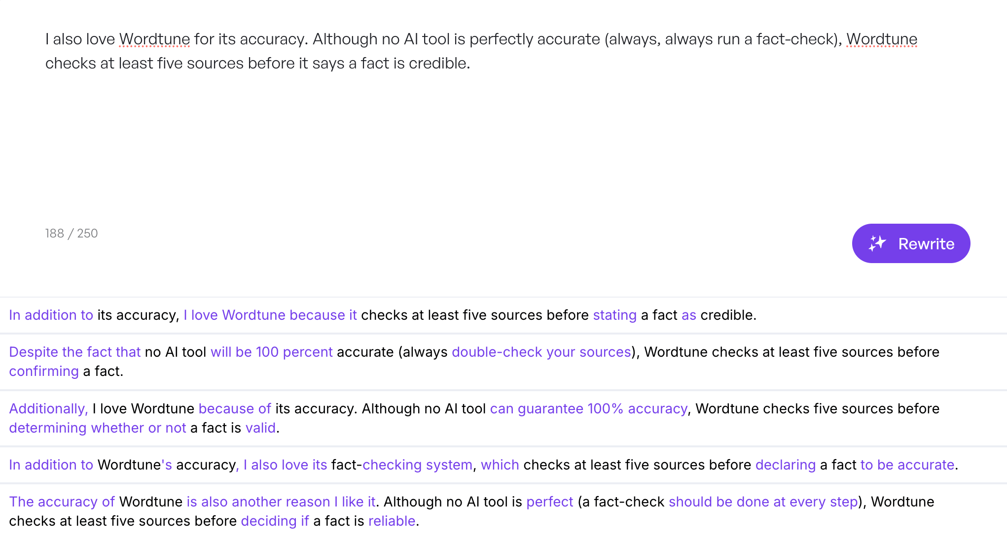Screenshot of Wordtune’s rewrite interface showing a sentence about its accuracy and multiple AI-generated rephrasing suggestions, each emphasizing its fact-checking process using five sources.