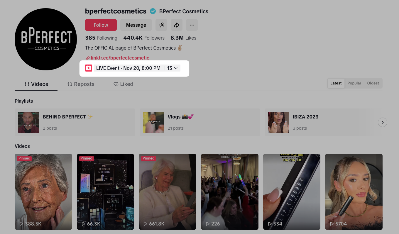 BPefect Cosmetics TikTok profile featuring playlists and beauty video thumbnails, suitable for promoting black friday deals.