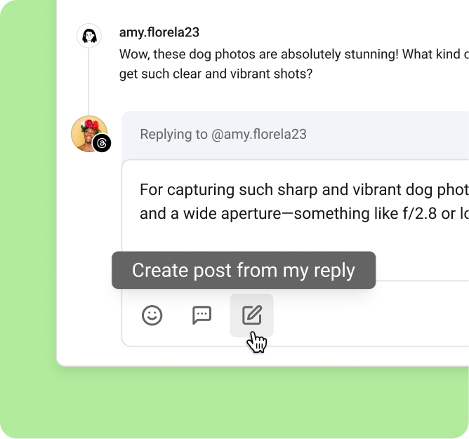 A Buffer Community Engagement feature showing a user replying to a comment and turning it into a new post, streamlining social conversations into fresh content creation.