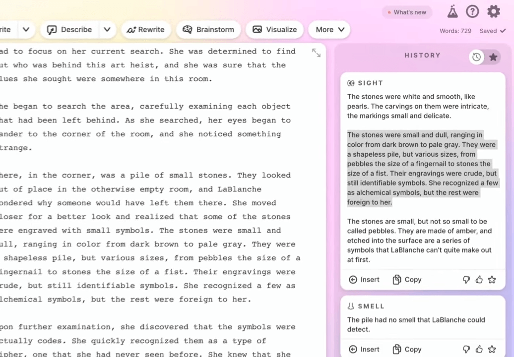 Screenshot of Sudowrite’s writing interface showing a creative writing draft on the left and sensory description suggestions like “Sight” and “Smell” on the right, with options to insert or copy text.