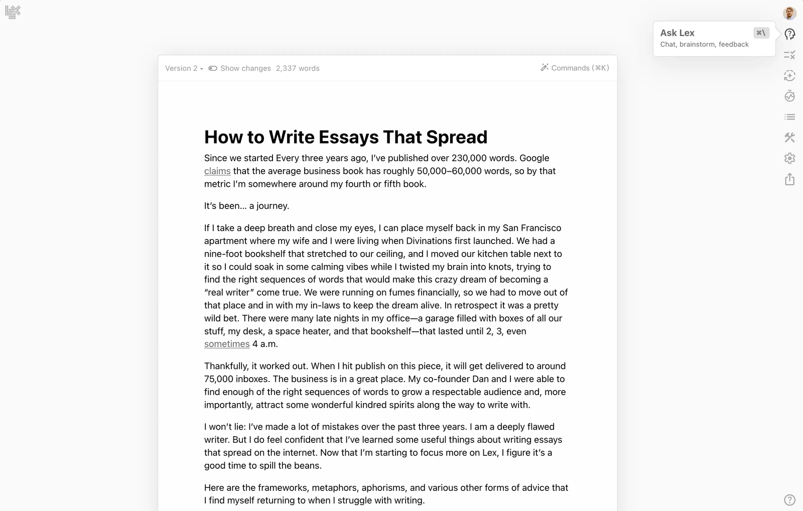 Screenshot of the Lex writing app displaying an essay draft titled “How to Write Essays That Spread,” with 2,337 words and a reflective introduction on the writer’s journey and process.