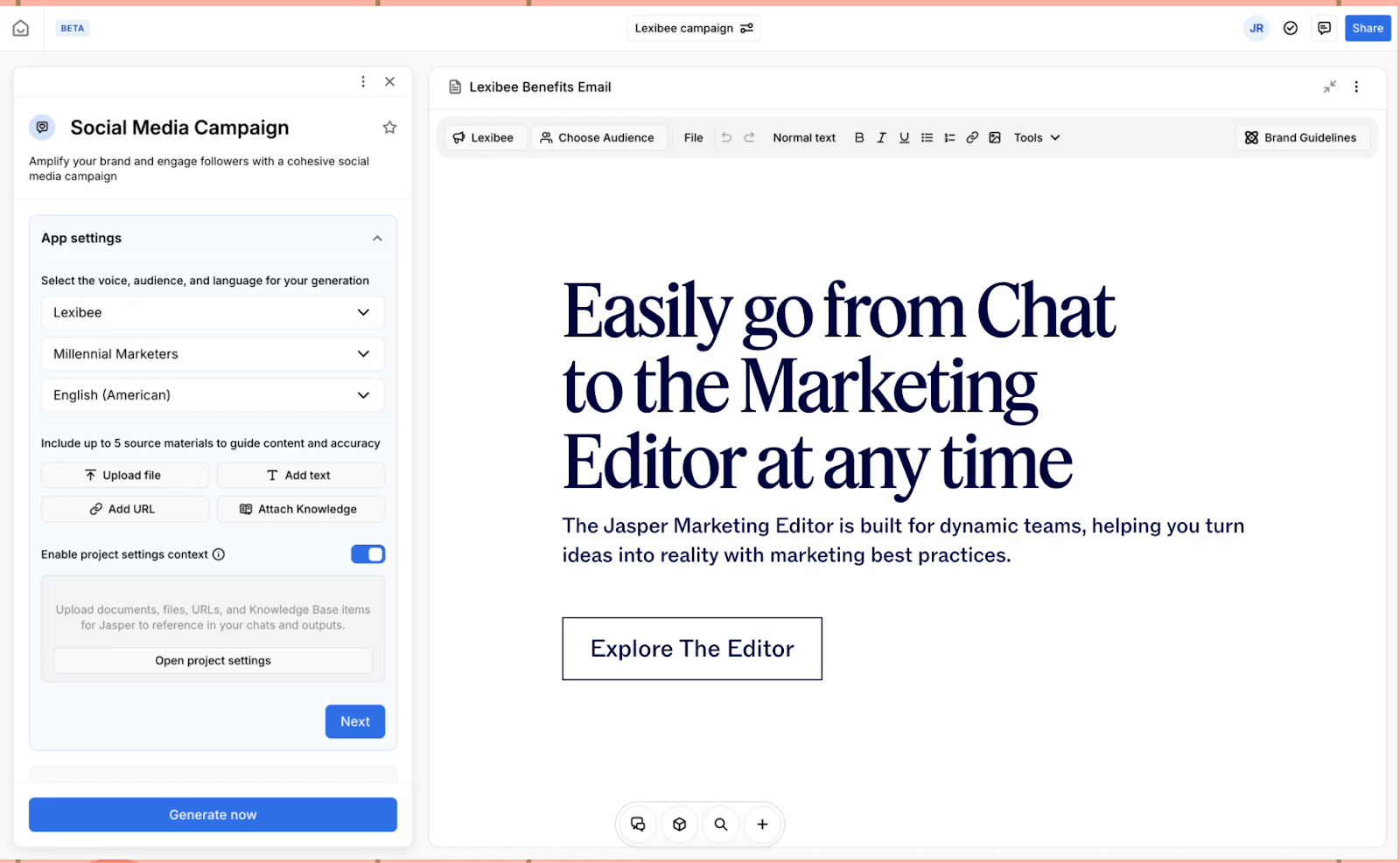 Screenshot of the Jasper AI interface showing a social media campaign setup on the left and a marketing editor preview on the right with the message: “Easily go from Chat to the Marketing Editor.”