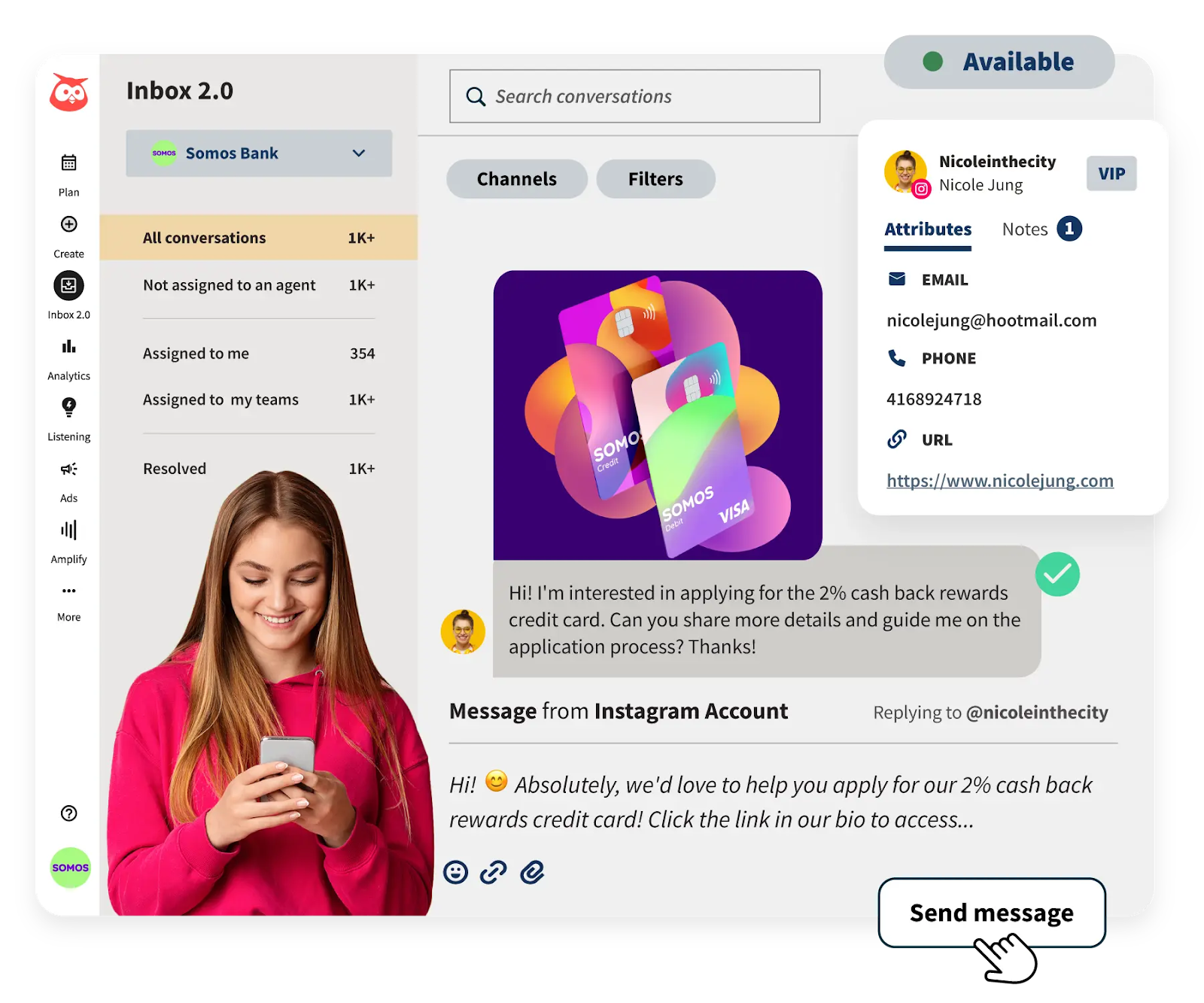 A unified inbox showing customer details, message history, and quick replies, demonstrating how social media engagement tools help teams manage conversations across platforms efficiently.