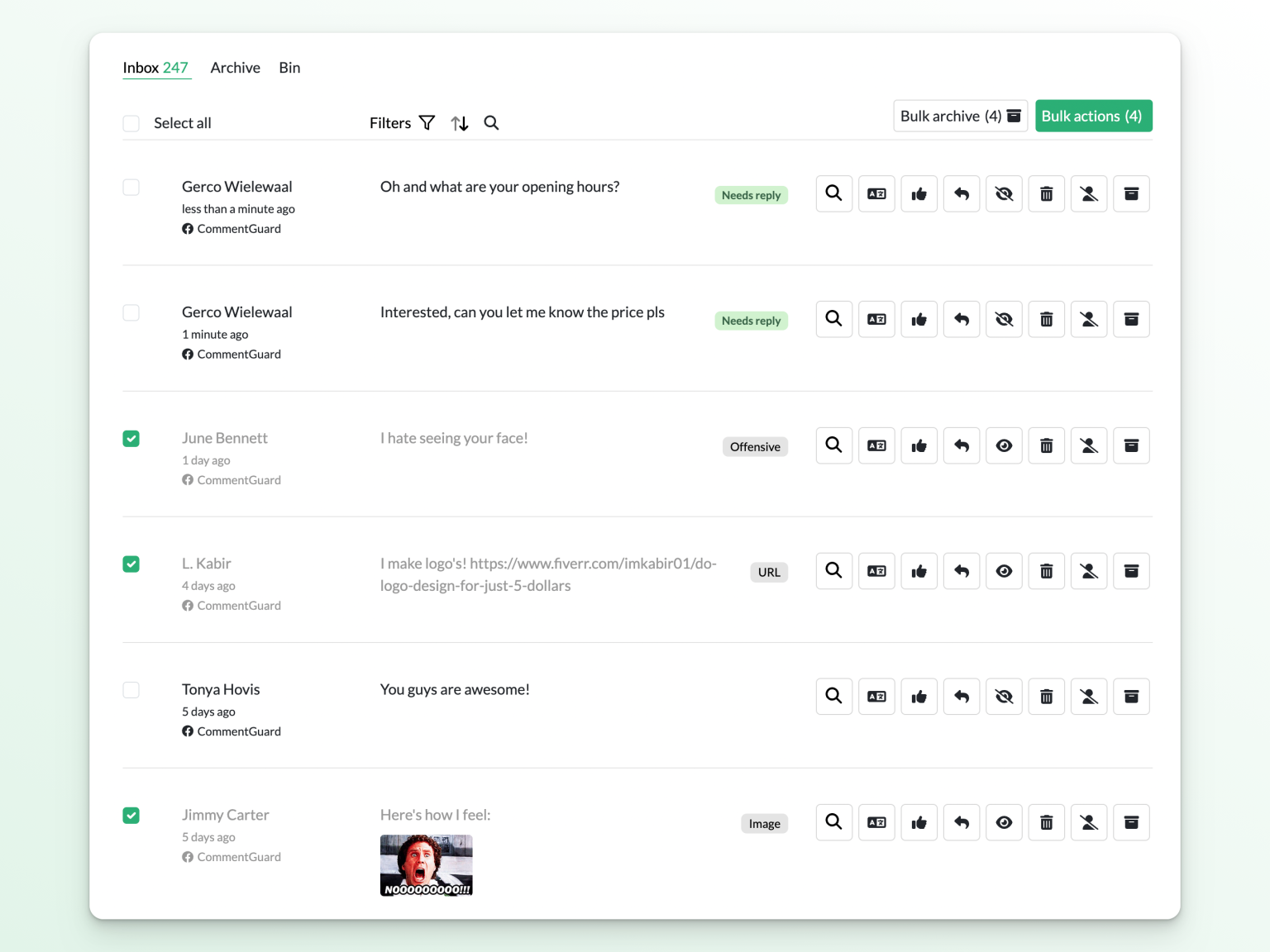 A moderation inbox displaying flagged comments, reply actions, and status labels, showing how social media engagement tools help filter spam, detect issues, and manage responses at scale.