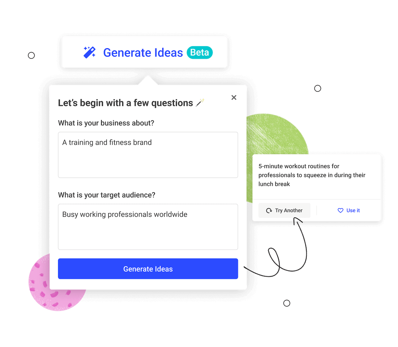 Buffer’s “Generate Ideas” tool in beta, asking for business type and target audience to suggest content—shown with a fitness brand example and an idea for quick lunch break workouts.