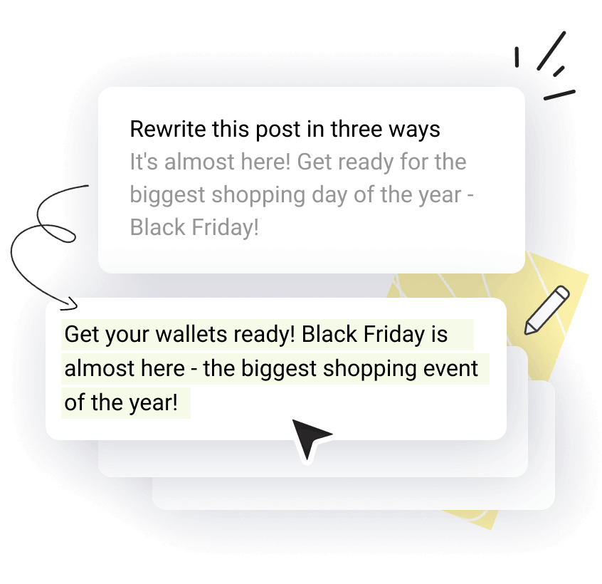 Buffer AI suggests three variations of a Black Friday promo. Highlighted rewrite reads: “Get your wallets ready! Black Friday is almost here — the biggest shopping event of the year!”