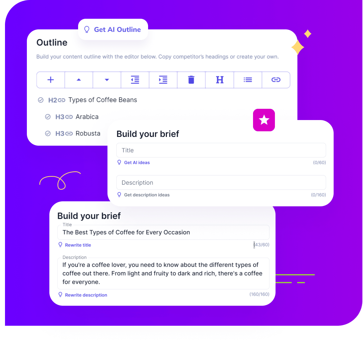 Screenshot of SEOWind’s AI content brief builder showing an outline editor with headings for coffee bean types and a brief section with a title and description about types of coffee for every occasion.