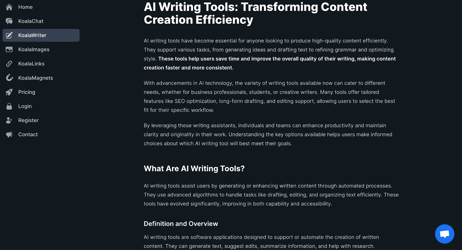 Screenshot of KoalaWriter’s dashboard showing a dark-themed interface with navigation options on the left and an article titled “AI Writing Tools: Transforming Content Creation Efficiency” on the right.