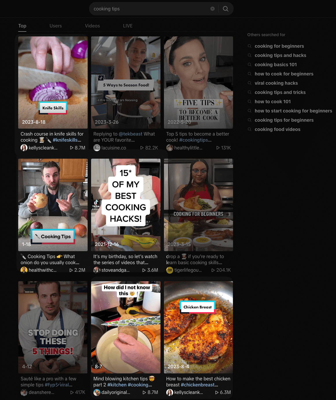 TikTok grid of cooking tips videos featuring knife skills, seasoning, chicken breast and beginner hacks shown in a search results page aimed to help content go viral on TikTok.